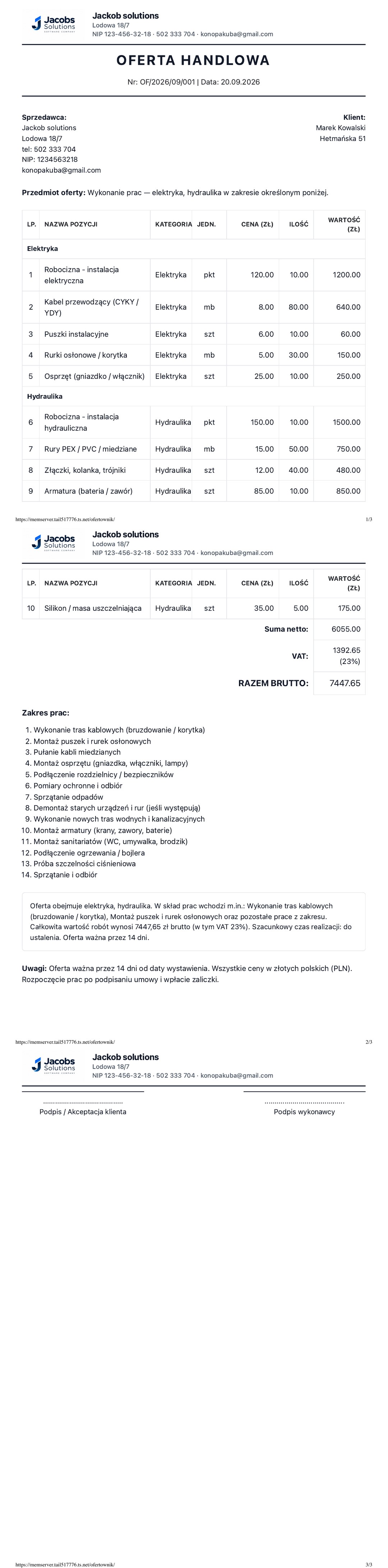 Trzy strony przykładowej oferty