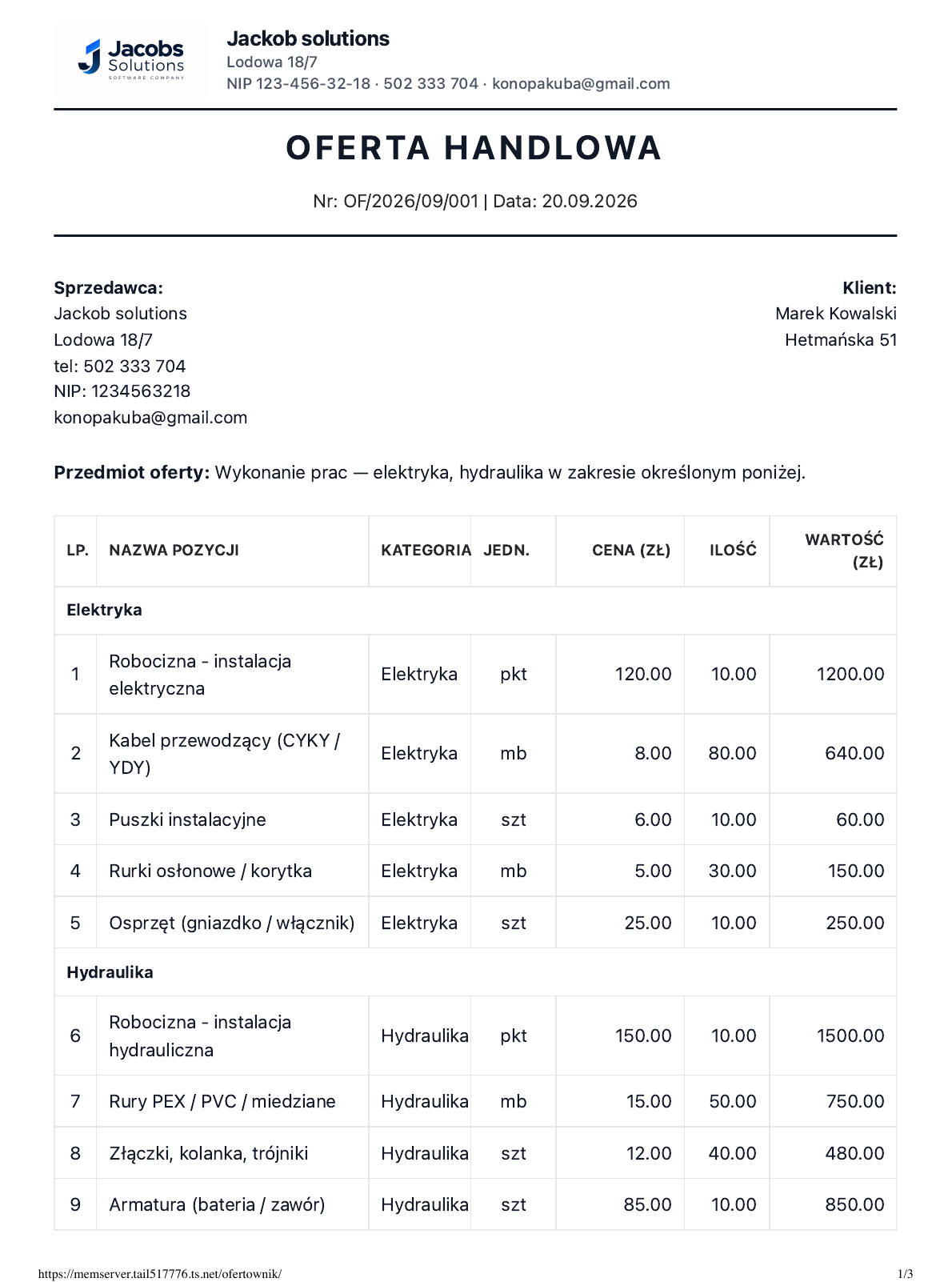 Pierwsza strona przykładowej oferty PDF